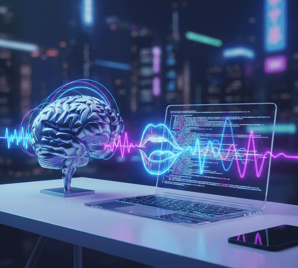 AI brain projecting holographic sound waves