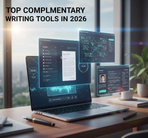 Futuristic workspace with writing software